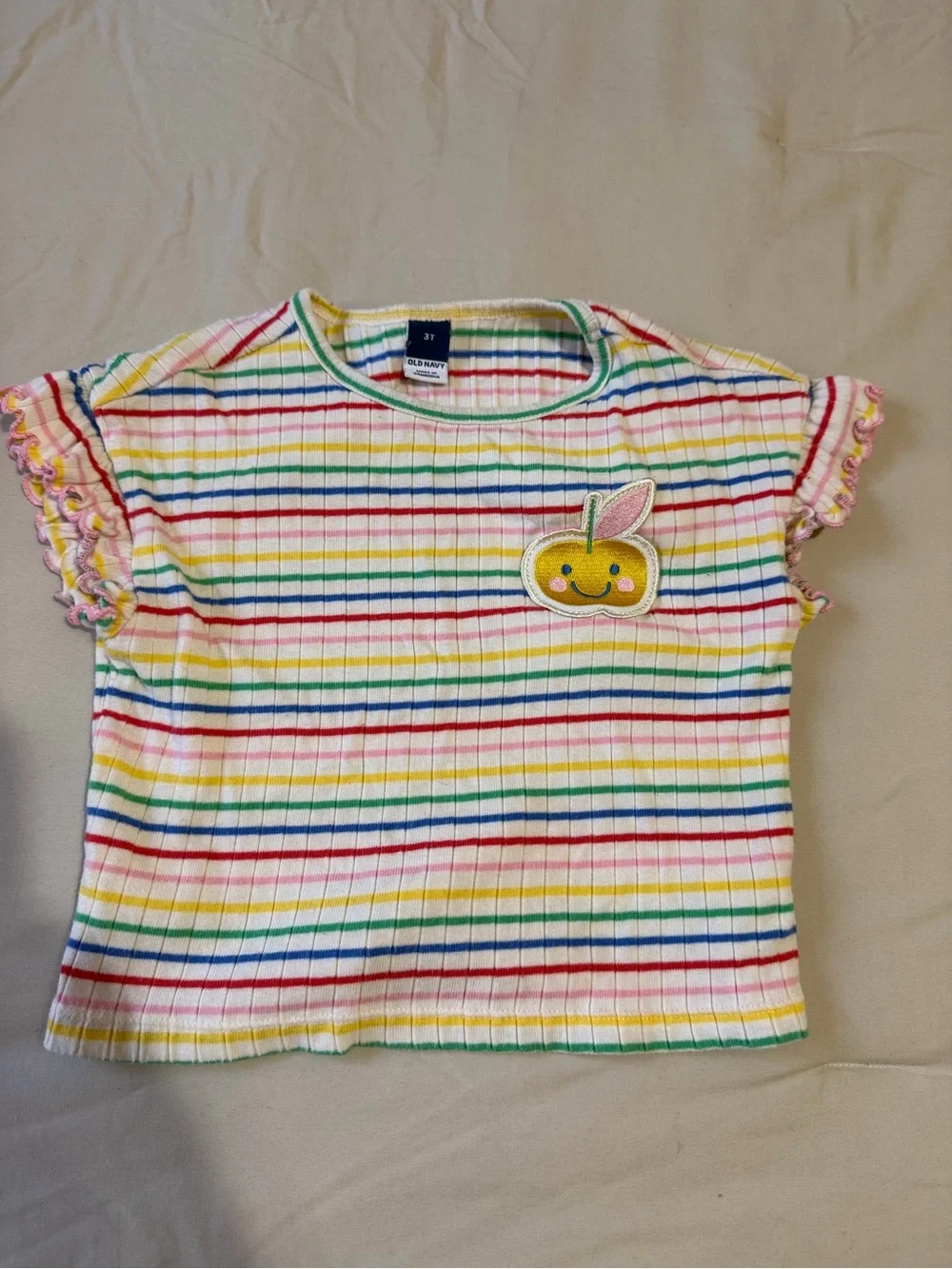 Old Navy Multi-Stripe Ruffle Sleeve Tee with Fruit Patch